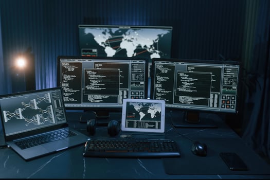 Multiple, screens with information. Cyber criminal haker dark room for massive attack of corporate big data servers photo