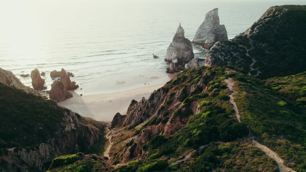 The drone flies over the top of the mountain photo