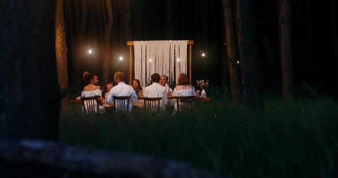 Guests smile and talk while sitting at a beautifully set festive table outdoors at night under light bulbs - beautifully photo