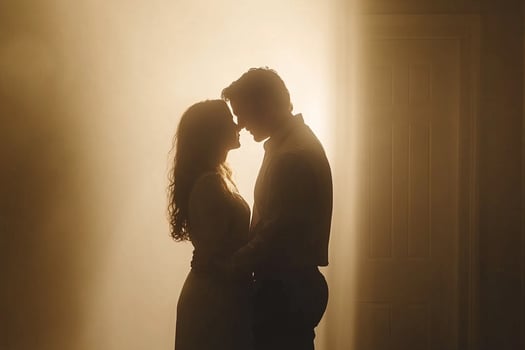 A couple is silhouetted against the light coming from the door photo