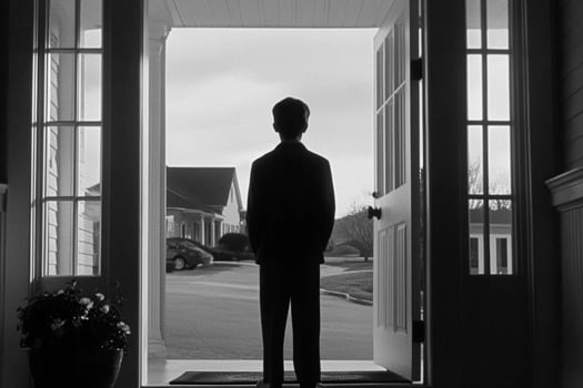 A man standing in front of a door looking out photo