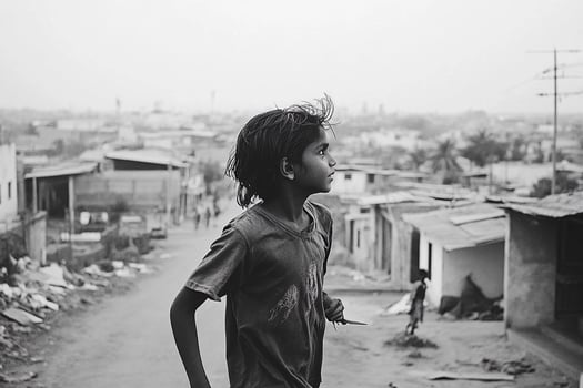 A young boy stands on the side of a dirt road photo