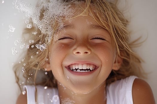 A young girl is smiling while taking a bath photo