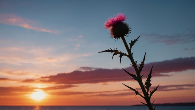 A thistle silhouette against a vibrant sunset by the ocean. photo