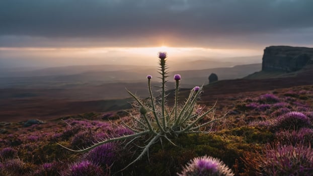 A serene landscape featuring a flowering plant against a dramatic sunset backdrop. photo