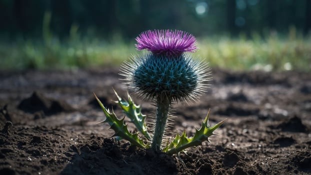 A vibrant thistle flower stands tall in a sunlit, earthy landscape. photo