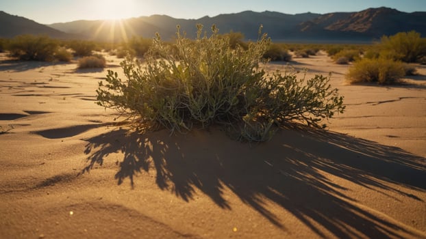 A desert scene featuring a plant casting long shadows in the warm sunlight. photo