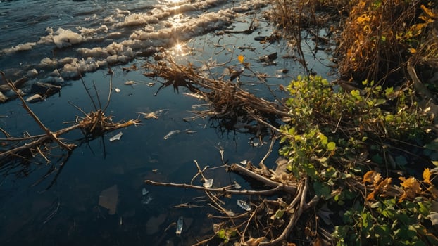A polluted waterway with debris and vegetation reflecting sunlight. photo