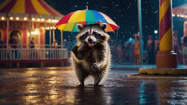 A raccoon stands under a colorful umbrella in a rainy carnival setting. photo