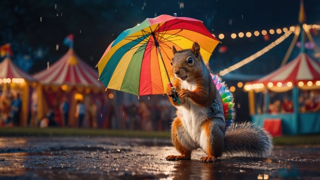 A squirrel holding a colorful umbrella in a festive, rainy carnival setting. photo
