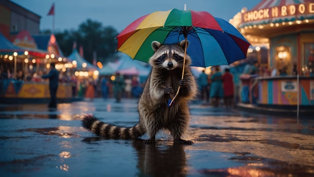 A raccoon stands under a colorful umbrella at a carnival, reflecting on wet pavement. photo