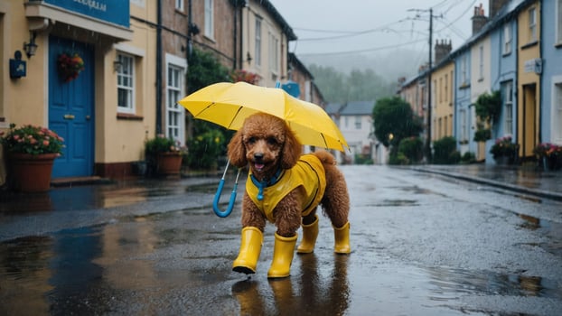 A dog in a yellow raincoat and boots walks on a rainy street with an umbrella. photo