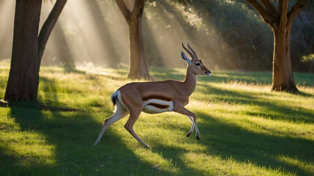 A graceful antelope gallops through a sunlit forest clearing. photo