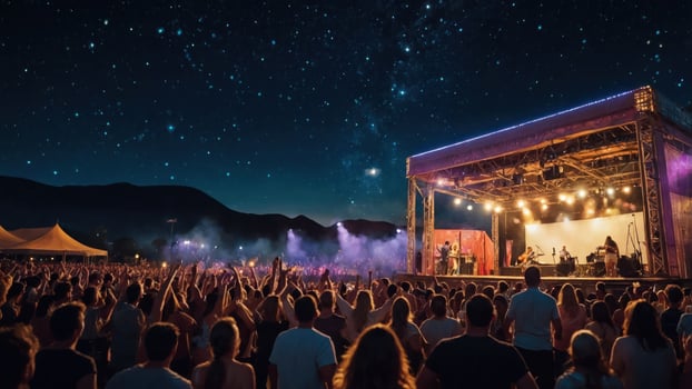 A lively outdoor concert at night with a starry sky and an engaged audience. photo