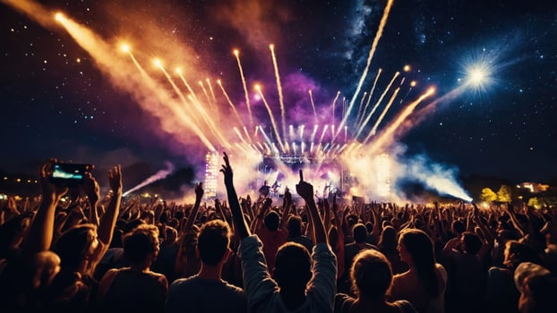 A vibrant concert scene with fireworks and an excited crowd enjoying the performance. photo