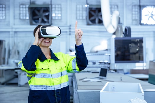 Visual Modern Factory Innovation Technology in Industry, Technician using VR Virtual Reality Headset photo