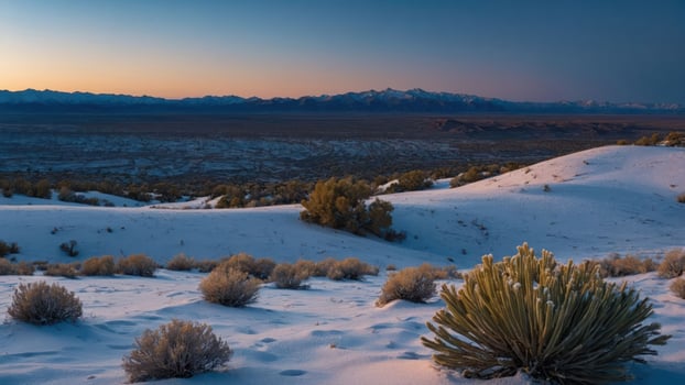 A serene desert landscape at dusk, showcasing snow-covered dunes and distant mountains. photo