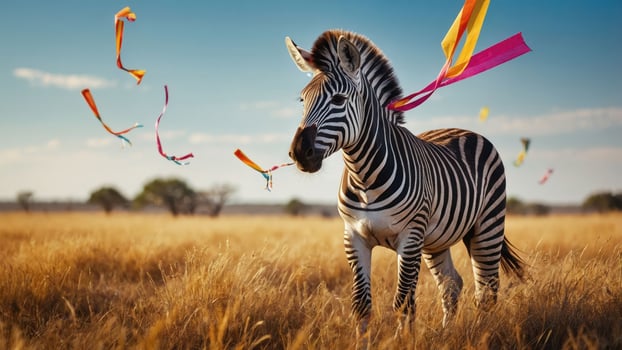 A zebra in a field adorned with colorful ribbons, capturing a whimsical moment in nature. photo