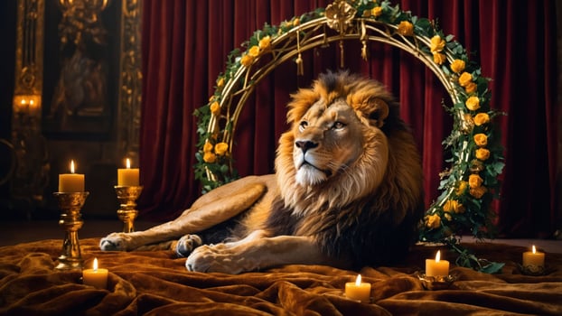 A majestic lion reclines on a plush surface surrounded by candles and floral decor. photo