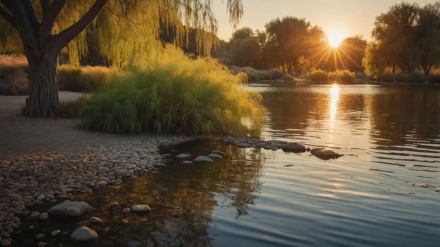 A serene lakeside scene at sunset with reflections and lush greenery. photo