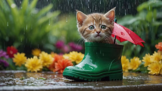 A playful kitten sits in a green boot under a small umbrella, surrounded by flowers in the rain. photo