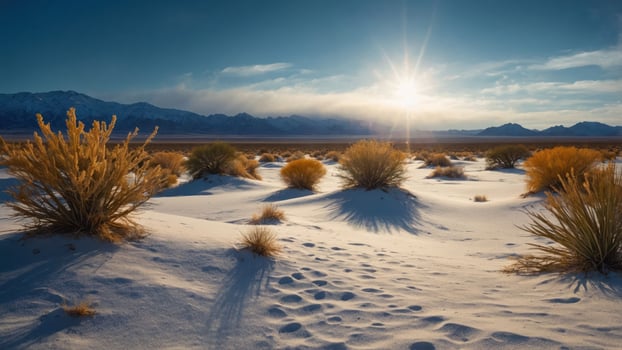 A serene desert landscape at sunset with gentle dunes and sparse vegetation. photo