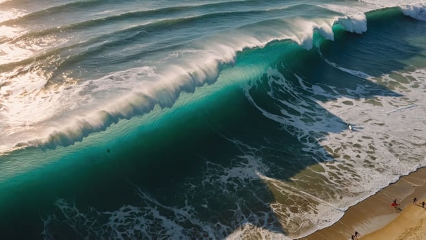 Aerial view of crashing ocean waves meeting a sandy beach at sunset. photo