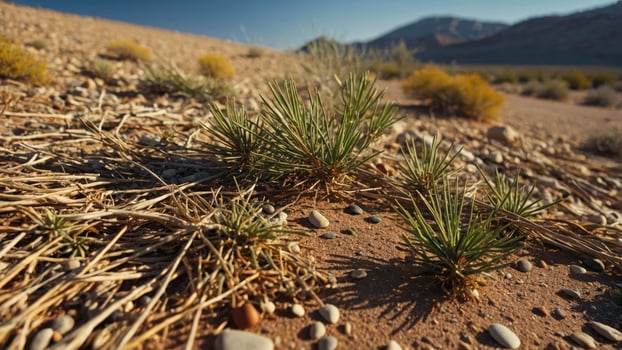 Desert landscape featuring small green plants and pebbles on sandy terrain. photo