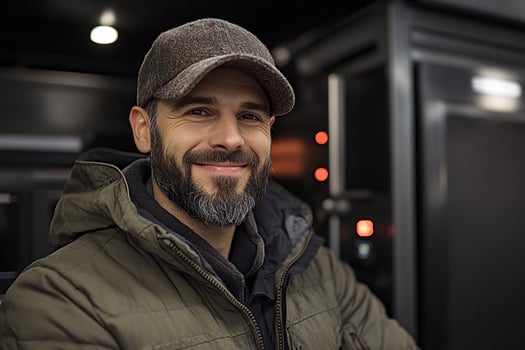A man wearing a hat and jacket standing in front of a truck photo