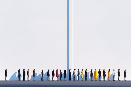 A group of people standing in line in front of a white wall photo