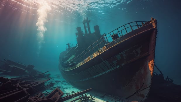 underwater scene of a ship wreck drowning in deep waters. photo