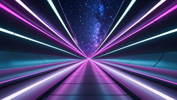 Futuristic Digital Tunnel with Glowing Lights and Starry Sky. photo