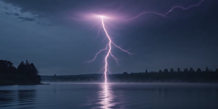 Dramatic nighttime scene of lightning striking over a lake photo