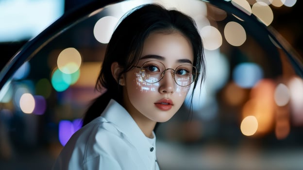 Night Portrait Of Person In White Shirt With Illuminated Glasses And photo