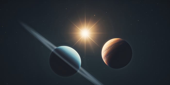 Two planets and a bright star appear in deep space photo
