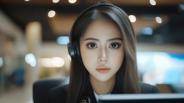Concentrated Young Woman At Desk photo