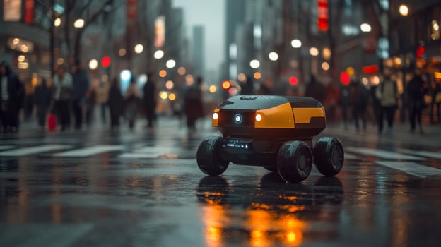 A small delivery robot moves through a bustling city street filled with pedestrians during twilight. Reflections of city lights shimmer on wet pavement, showcasing urban life. photo