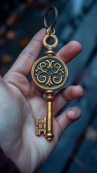 A beautifully ornate vintage key held in a person's hand, showcasing intricate designs and a warm golden hue. photo