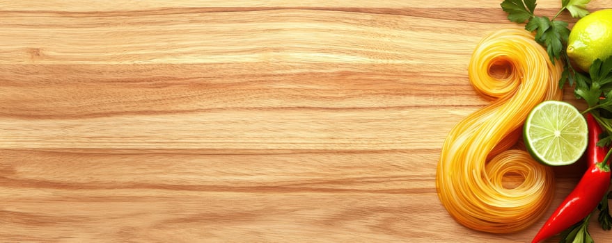 Spiraled Noodles with Fresh Ingredients on Wooden Surface photo