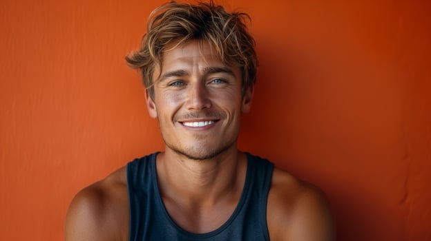 Smiling Caucasian man with tousled hair against an orange background, exuding warmth and positivity. photo