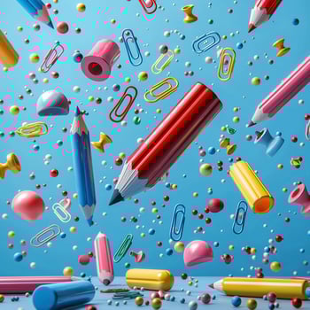 Colorful stationery supplies floating against a vibrant blue background, creating a playful and whimsical atmosphere. photo