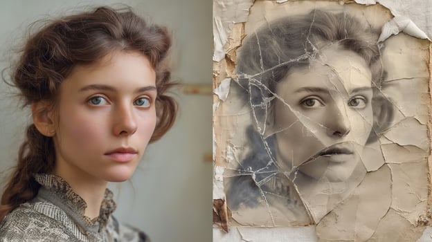 A young woman with striking blue eyes and natural beauty, alongside a vintage, distressed portrait echoing nostalgia. photo