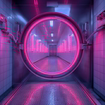 A futuristic hallway with a large circular entrance illuminated in vibrant pink tones, creating an otherworldly atmosphere. photo