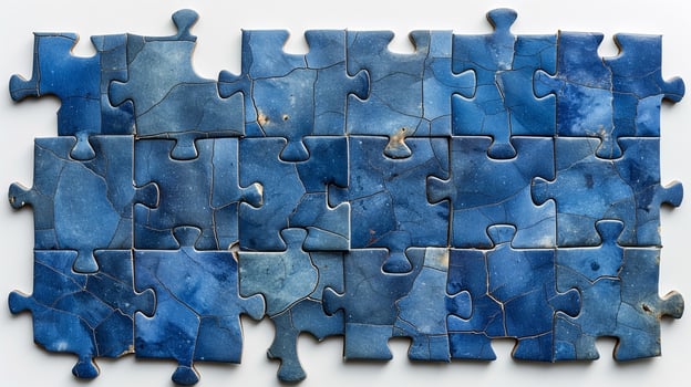 A vibrant blue puzzle featuring intricate patterns and textures, symbolizing creativity and problem-solving. photo