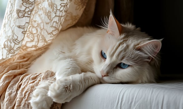 A fluffy white cat with striking blue eyes rests peacefully under a sheer curtain photo