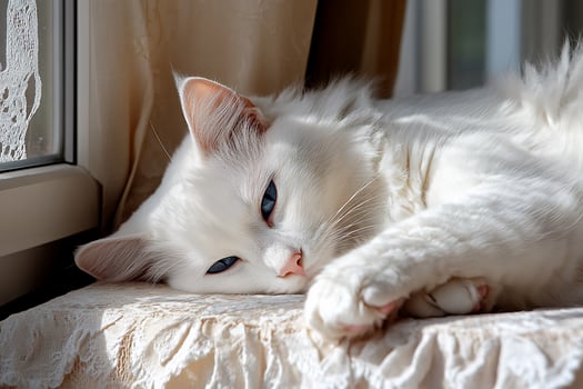 Serene white cat naps peacefully in sunlit window photo
