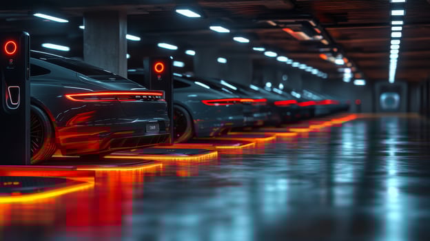 A series of electric vehicles are parked in an underground facility, each connected to charging stations illuminated by vibrant lights. photo
