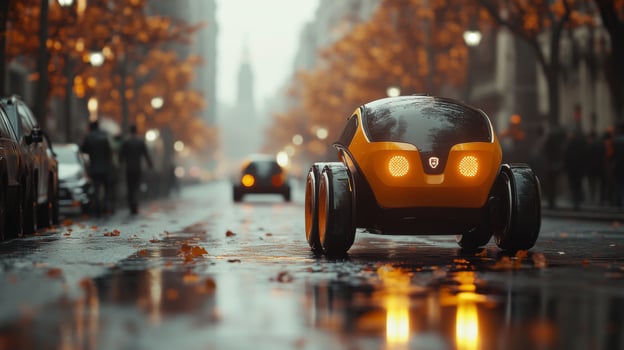 Autonomous delivery robots move along a wet city street adorned with fallen leaves and illuminated by city lights during a rainy evening, showcasing advancements in urban logistics. photo