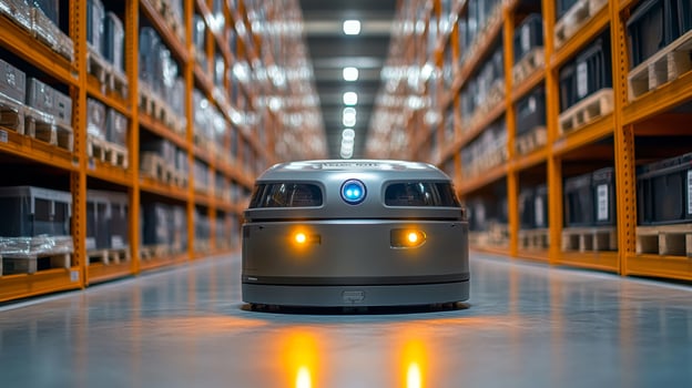 An automated delivery robot travels through a warehouse, maneuvering between high stacks of goods. The focus is on optimizing logistics operations and enhancing distribution efficiency. photo