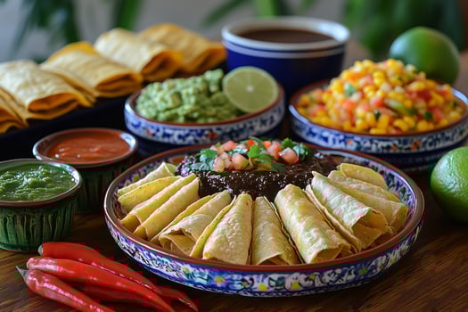 a traditional Mexican meal, with tacos, tamales, guacamole, and mole sauce, arranged on vibrant ceramic plates, surrounded by limes and chili peppers photo